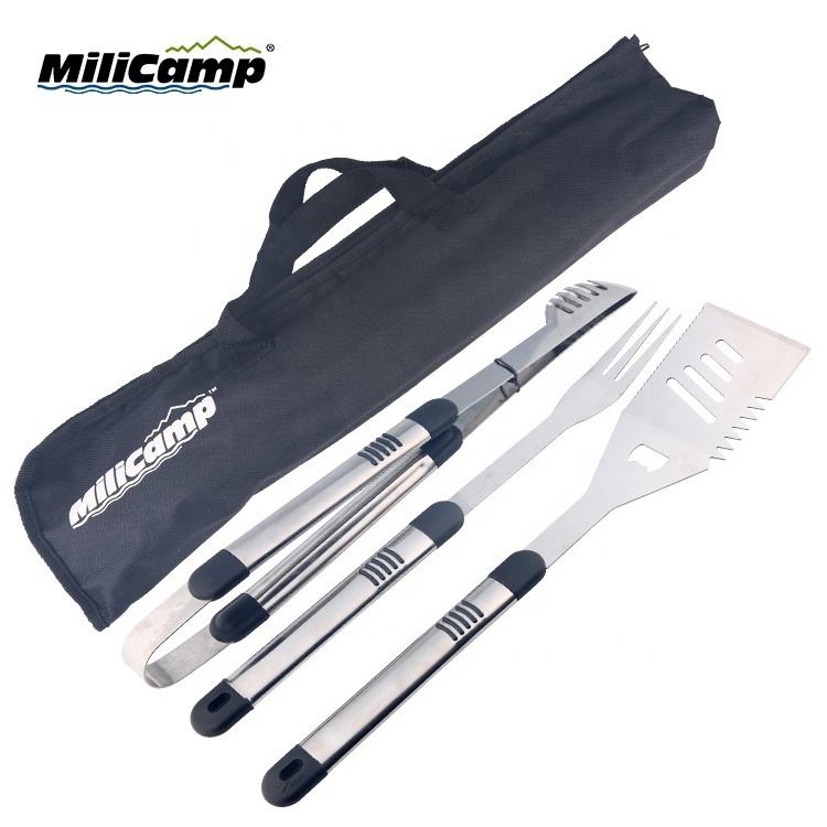 Camping kitchen picnic 3 pieces  stainless steel Barbecue  snap on tools BBQ Metal Utensil Kit