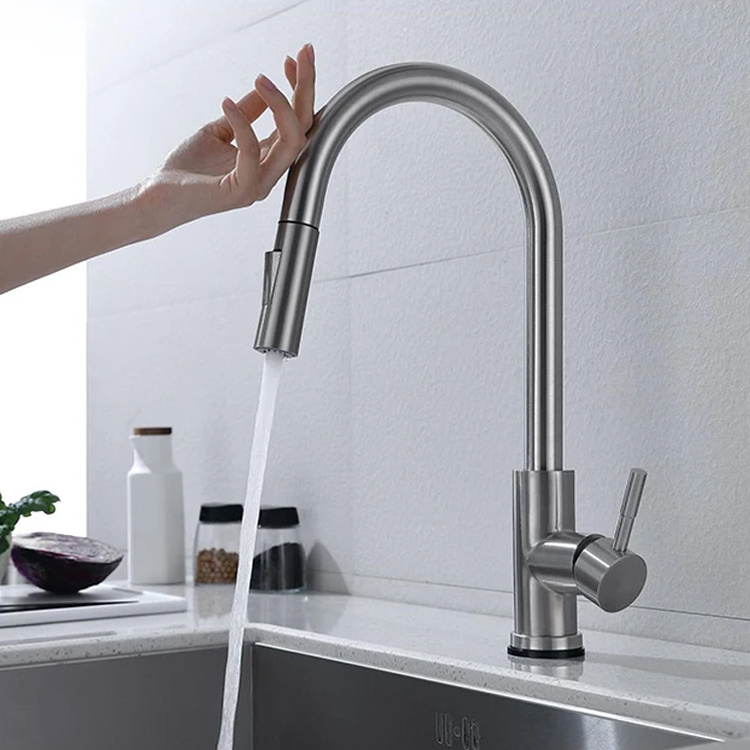 SANIPRO SS304 Automatic Sensor Sink Kitchen Mixer Water Tap 360 Degree Rotation Flexible Touchless Faucet with Pull Down Sprayer