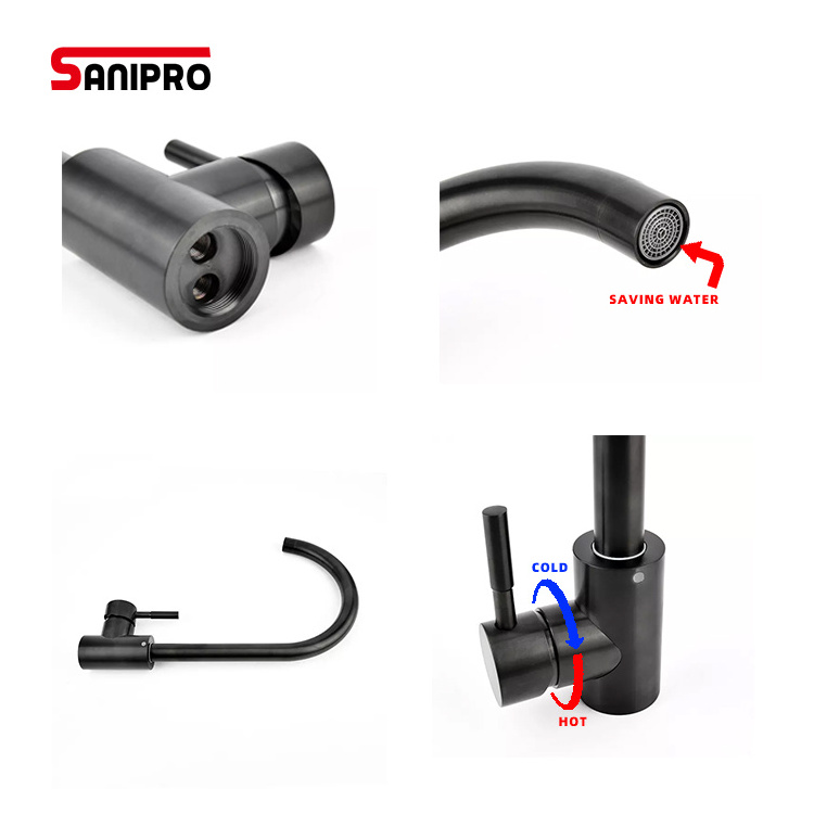 SANIPRO Wholesale Classical Gooseshape 360 Degree Rotation Sink Mixer Taps Cheap 304 Stainless Steel Black Kitchen Faucet