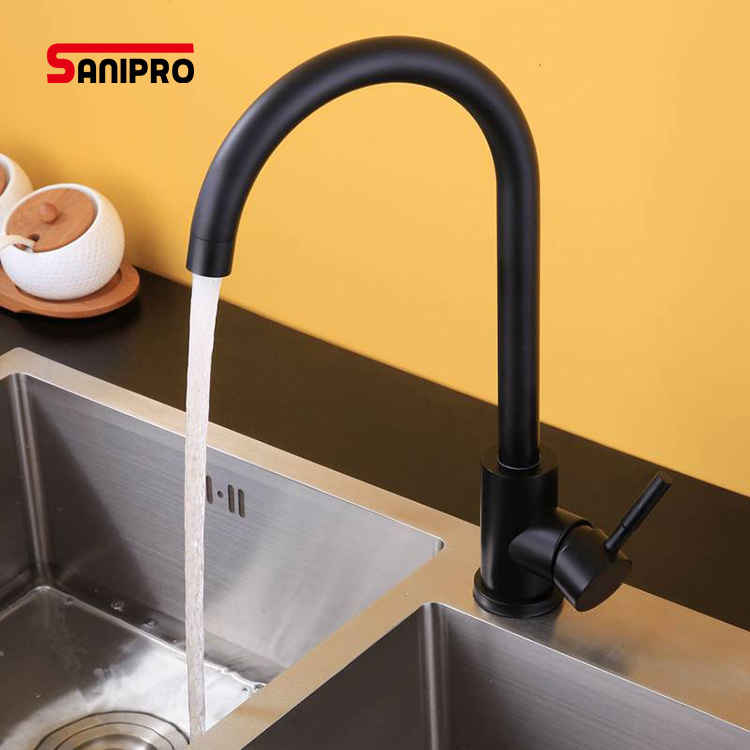 SANIPRO Wholesale Classical Gooseshape 360 Degree Rotation Sink Mixer Taps Cheap 304 Stainless Steel Black Kitchen Faucet