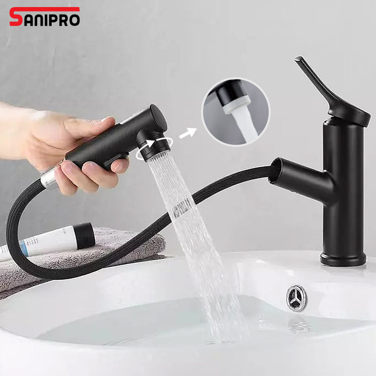 SANIPRO Luxury Single Handle Stainless Steel Hot Cold Sprayer Bath Sink Mixer Taps Black Bathroom Tap Pull Out Basin Faucet