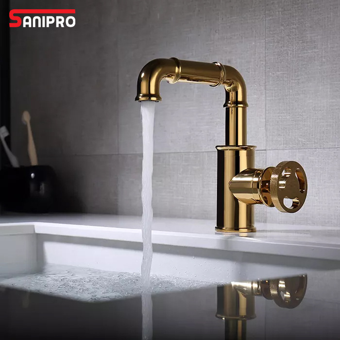 SANIPRO OEM ODM Sanitary Ware Retro Industrial Style Golden Faucet Hot and Cold Water Mixer Tap Bathroom Basin Brass Faucets