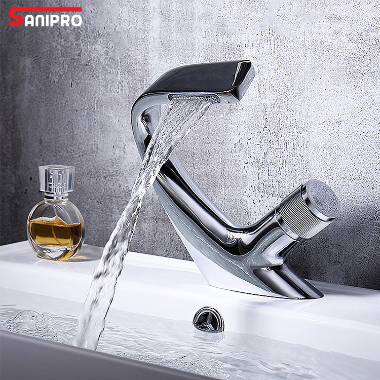 SANIPRO Unique Design Luxury Brass Bath Sink Waterfall Taps Hot and Cold Water Mixer Tap Wash Bathroom Basin Faucets