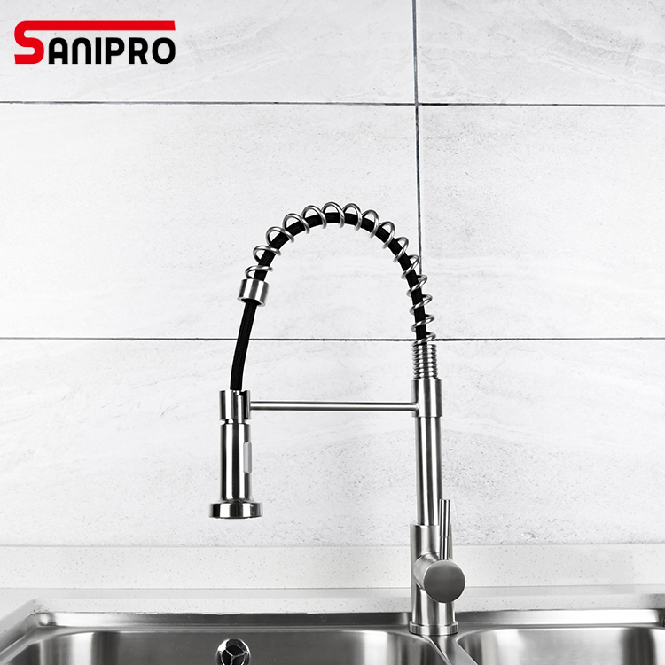 SANIPRO Matte Sliver Single Handle Stainless Steel Pull Out Kitchen Faucet Spring Bridge Mixer Water Tap for Sink