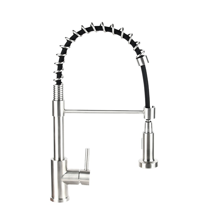 SANIPRO Matte Sliver Single Handle Stainless Steel Pull Out Kitchen Faucet Spring Bridge Mixer Water Tap for Sink