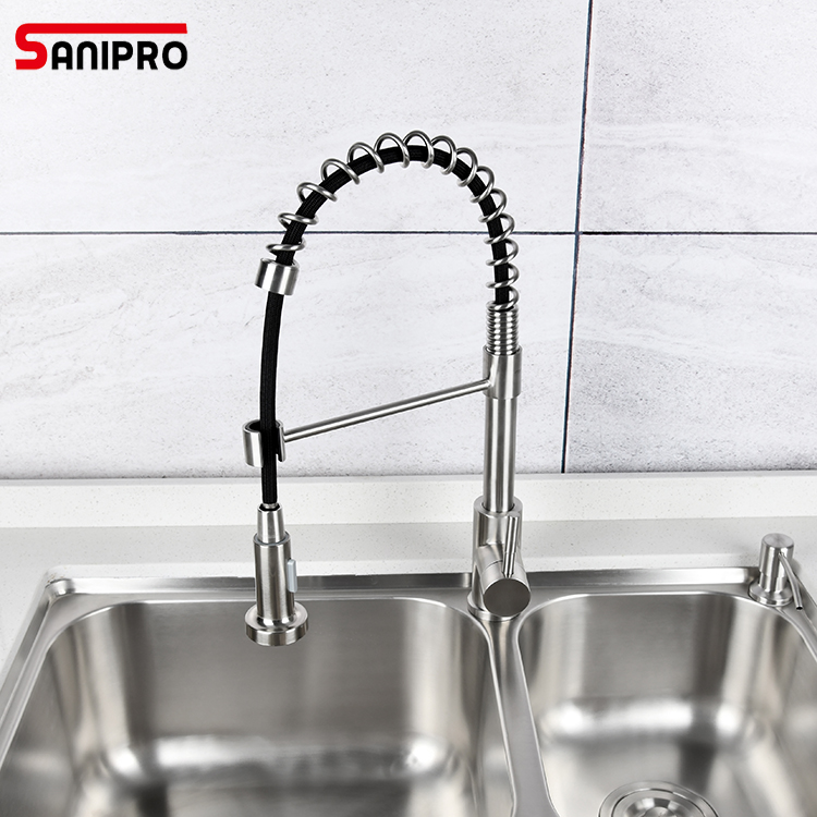 SANIPRO Matte Sliver Single Handle Stainless Steel Pull Out Kitchen Faucet Spring Bridge Mixer Water Tap for Sink