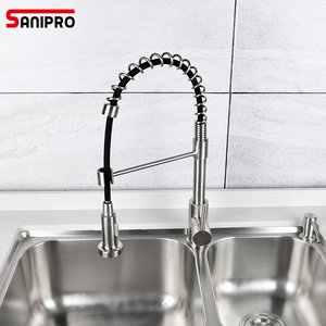 SANIPRO Matte Sliver Single Handle Stainless Steel Pull Out Kitchen Faucet Spring Bridge Mixer Water Tap for Sink