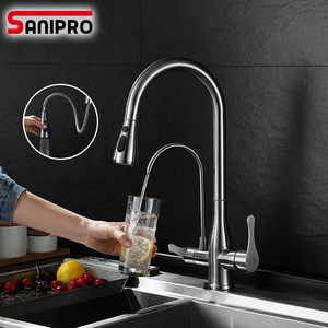 SANIPRO High Arc SS Three Way 3 in 1 Kitchen Sink Mixer Pull Down Taps Drinking Water Filter Faucet with Water Purification Tap