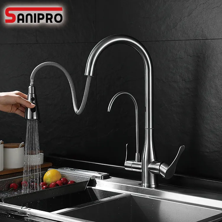 SANIPRO High Arc SS Three Way 3 in 1 Kitchen Sink Mixer Pull Down Taps Drinking Water Filter Faucet with Water Purification Tap