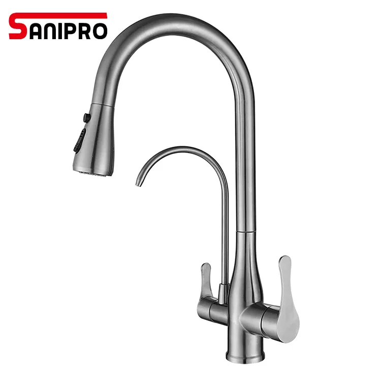 SANIPRO High Arc SS Three Way 3 in 1 Kitchen Sink Mixer Pull Down Taps Drinking Water Filter Faucet with Water Purification Tap