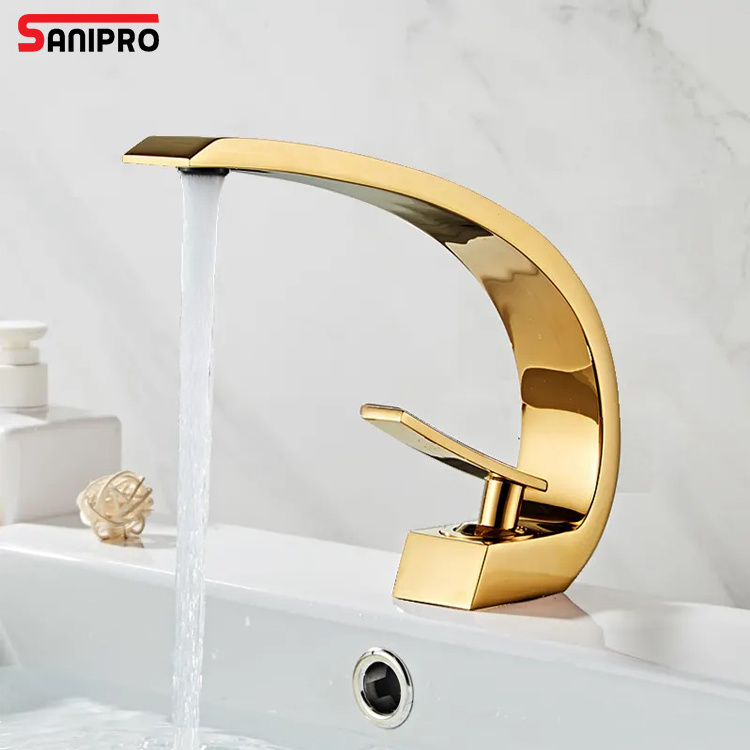 SANIPRO Fashion Moon Shaped Brass Brushed Golden Luxury Waterfall Faucet Bathroom Wash Basin Sink Tap