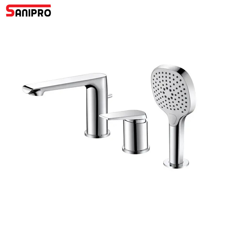 SANIPRO Brass Chrome Plated 3 Holes Deck Mounted Single Handle Hotel Bathroom Bathtub Shower Set, Tub Faucet