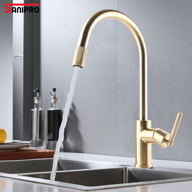 SANIPRO 304 Stainless Steel Hot Cold Water Tap Sink Taps Mixers Gold Pull Down Sprayer Kitchen Faucet with Knurl Brass Handle