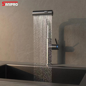 SANIPRO New Design Waterfall 304 Stainless Steel Hot Cold Water Mixer Tap 3 Function Shower Head Pull Out Sink Kitchen Faucet