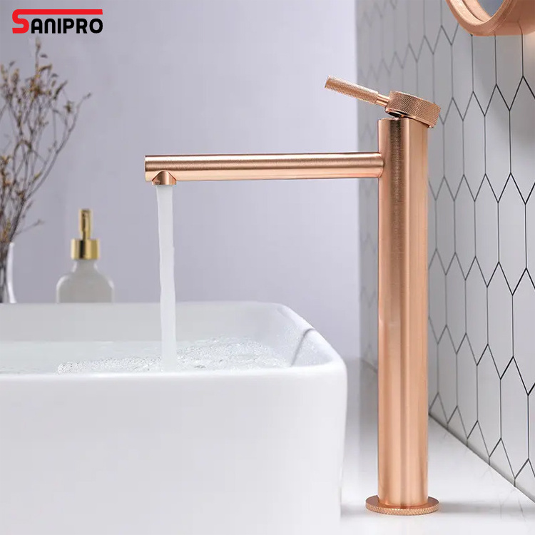 SANIPRO New Luxury Knurled Design Brushed Rose Gold Painting Face Copper Tall Tap Wash Basin Sink Faucet for Bathroom