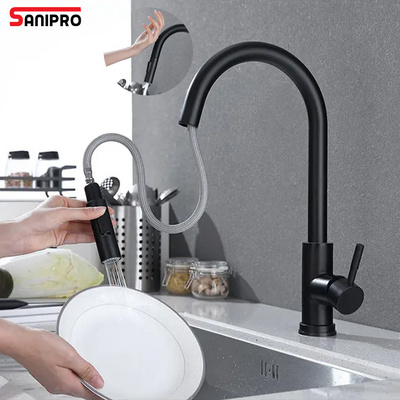 SANIPRO 304 Stainless Steel Black Automatic Sensor Sink Kitchen Water Tap Mixer Smart Induction Touch Pull Down Sprayer Faucet