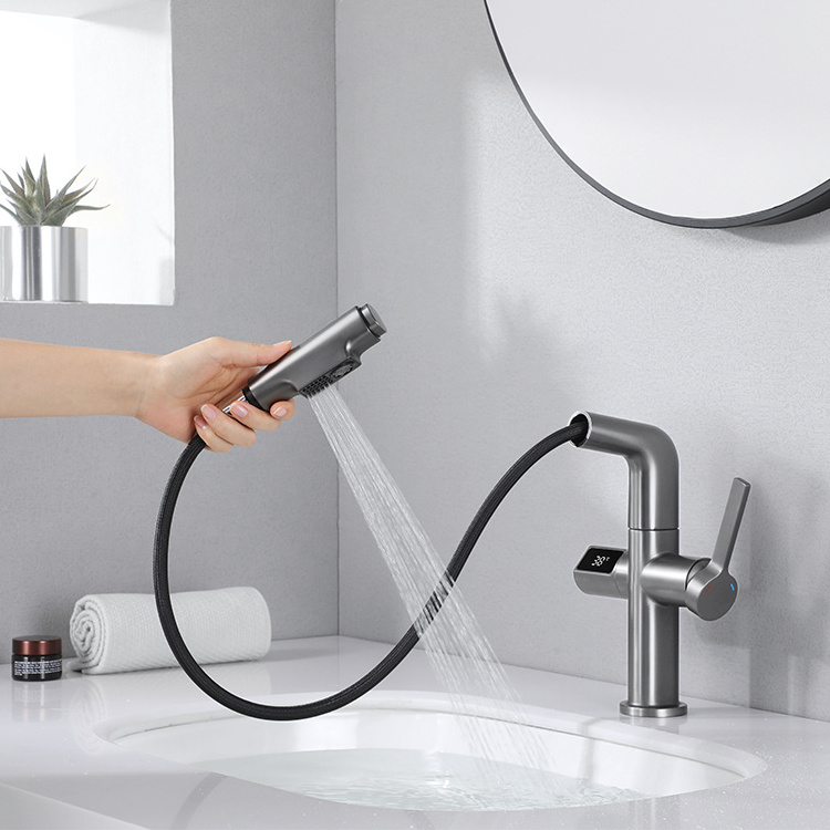 SANIPRO Intelligent Automatic Sensor Basin Tap Pull-out Waterfall Sink Taps Bathroom Faucet with Temperature Digital Display