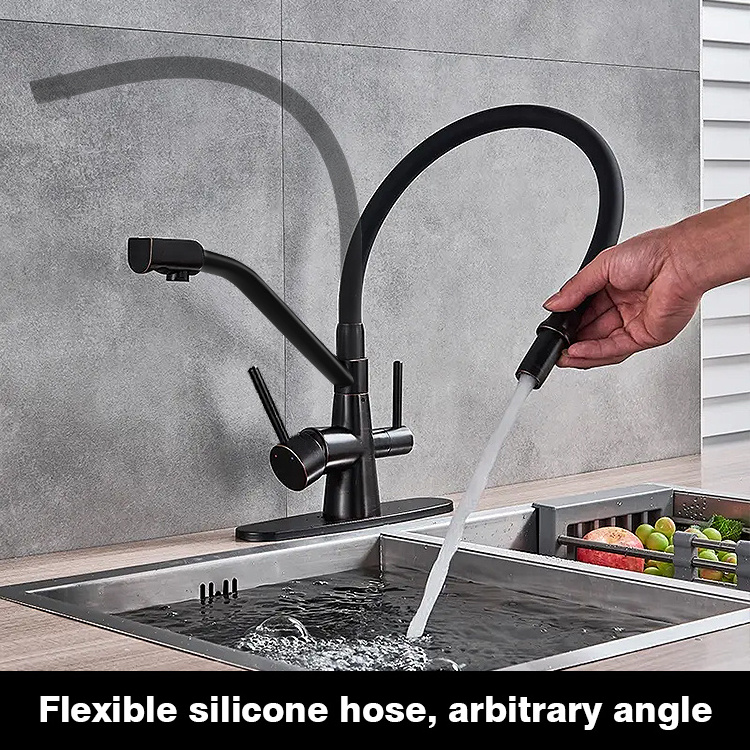 SANIPRO Double Handle Stainless Steel Flexible Silicone Tube Black Pull Out Sink Tap Mixer Water Purifier Filter Kitchen Faucets