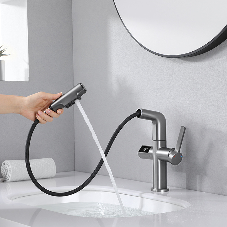 SANIPRO Intelligent Automatic Sensor Basin Tap Pull-out Waterfall Sink Taps Bathroom Faucet with Temperature Digital Display