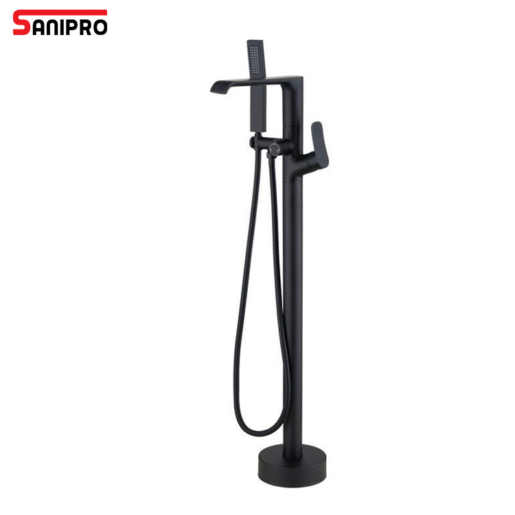 SANIPRO Modern 2 Functions Black Brass Bathroom Floor Mounted Free Standing Bathtub Faucet Mixer Taps Bath Shower System Set