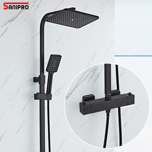 SANIPRO Brass Main Body Black Temperature Control Bath Bar Rain Shower Mixer System Kit, Thermostatic Shower Set