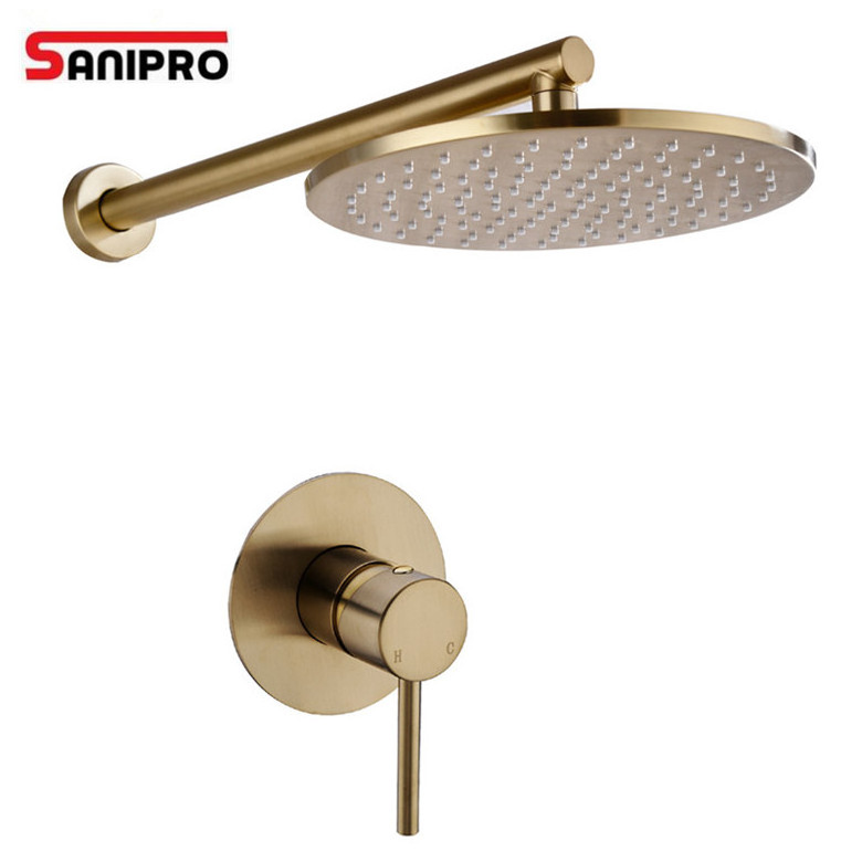 Sanipro Bathroom Gold Shower Set Wall Mounted Brushed Gold Shower Faucet Set waterfall Cold and Hot Bath and Shower Mixer Taps