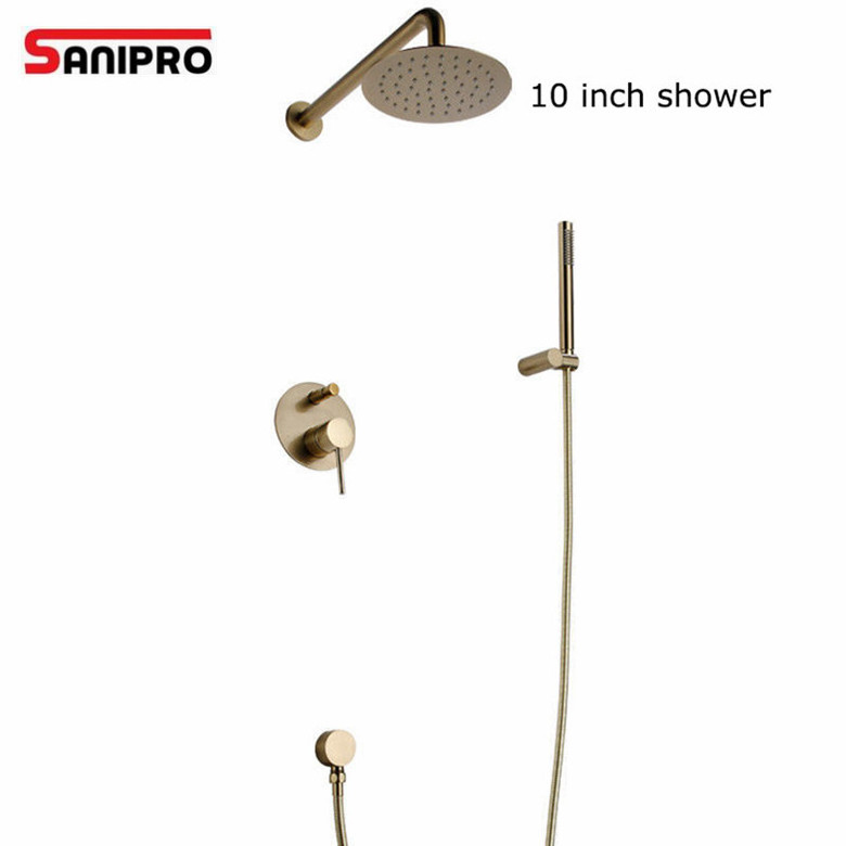 Sanipro Bathroom Gold Shower Set Wall Mounted Brushed Gold Shower Faucet Set waterfall Cold and Hot Bath and Shower Mixer Taps