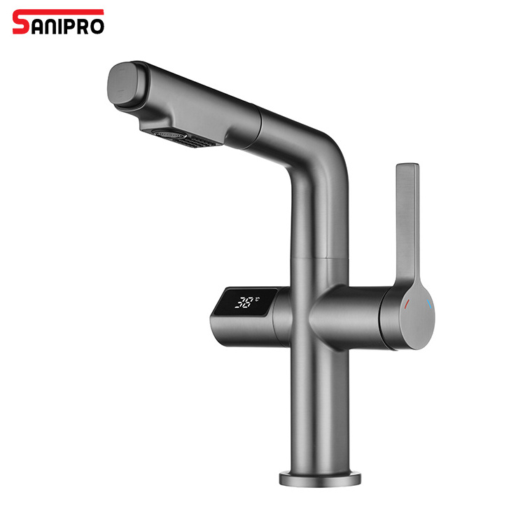 SANIPRO Intelligent Automatic Sensor Basin Tap Pull-out Waterfall Sink Taps Bathroom Faucet with Temperature Digital Display