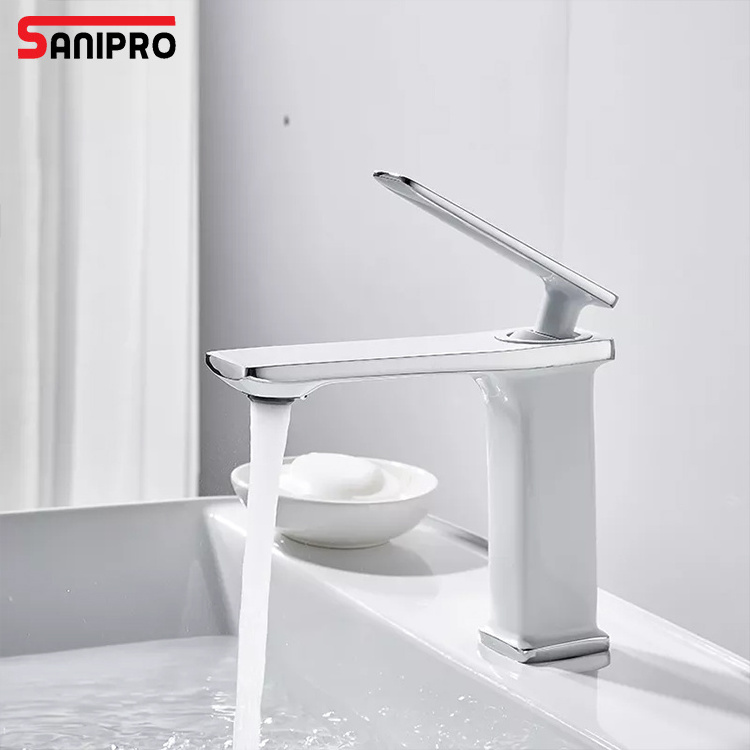 SANIPRO Luxury White Lavatory Brass Waterfall Washbasin Faucet Water Tap Hot and Cold Bathroom Sink Basin Mixer Faucets