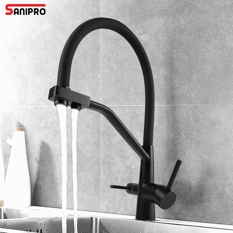 SANIPRO Double Handle Stainless Steel Flexible Silicone Tube Black Pull Out Sink Tap Mixer Water Purifier Filter Kitchen Faucets