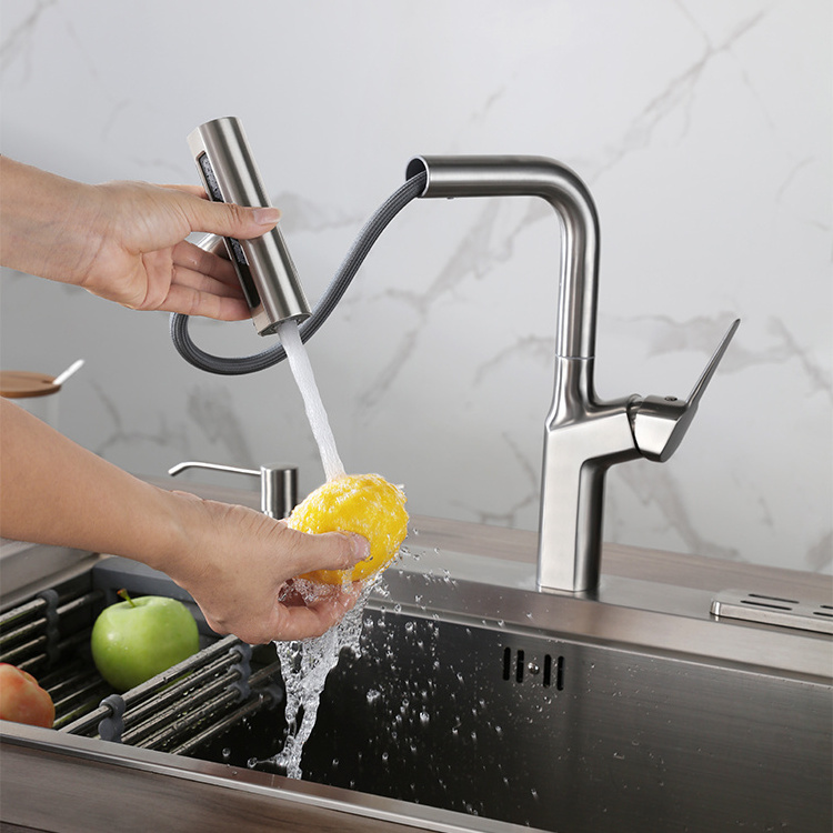 SANIPRO Luxury Single Handle Brushed Stainless Steel 4 Ways Sink Faucet SUS304 Waterfall Tap Pull Out Down Kitchen Mixer Taps