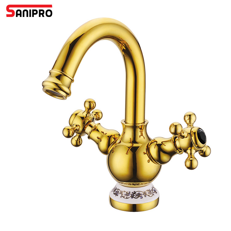 SANIPRO Saudi Arabia Iran Design Two Way Wheel Handle Antique Basin Sink Faucet Bathroom Retro Copper Finish Washbasin Tap