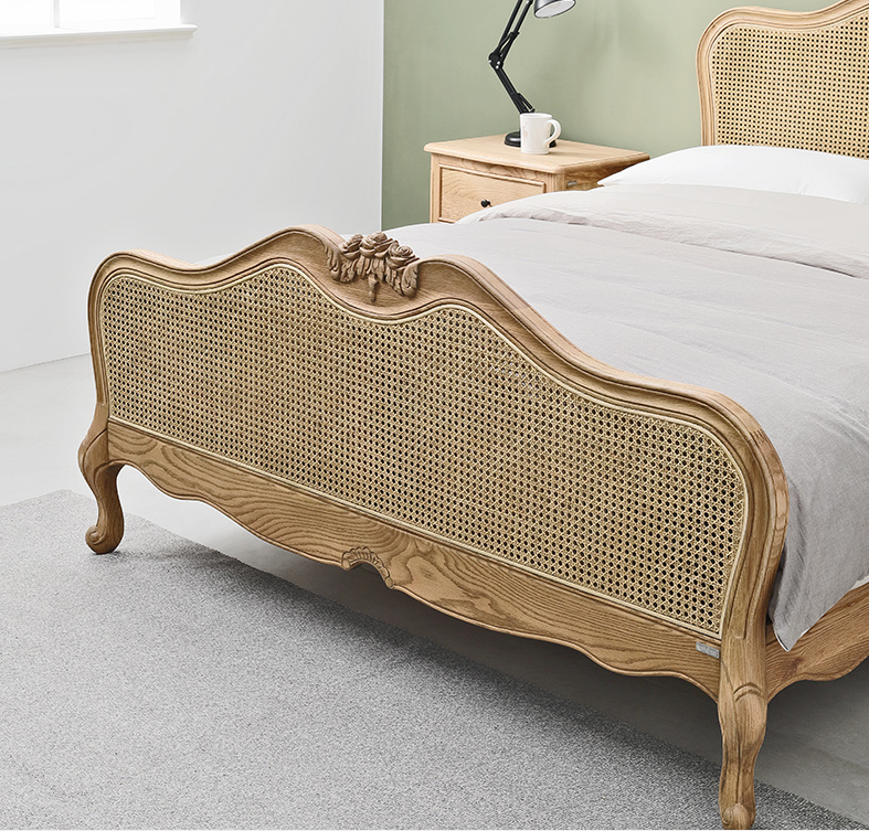 French Style Single Super king Noridc Rustic Hotel Antique King Queen Size Oak Wooden Rattan Bed Frame Headboard Cane Bed