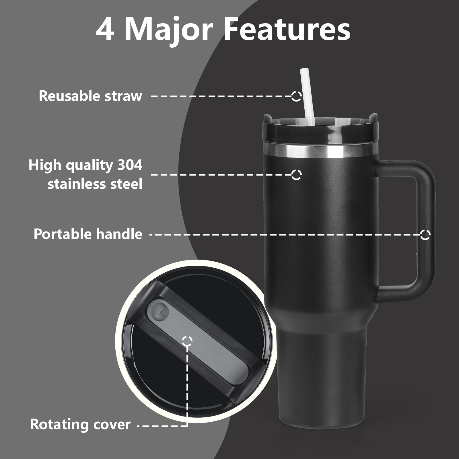 B80-0056 Customizable 40oz Insulated Stainless Steel Travel Mug Coffee Mug with Handle And Straw Quencher Tumbler