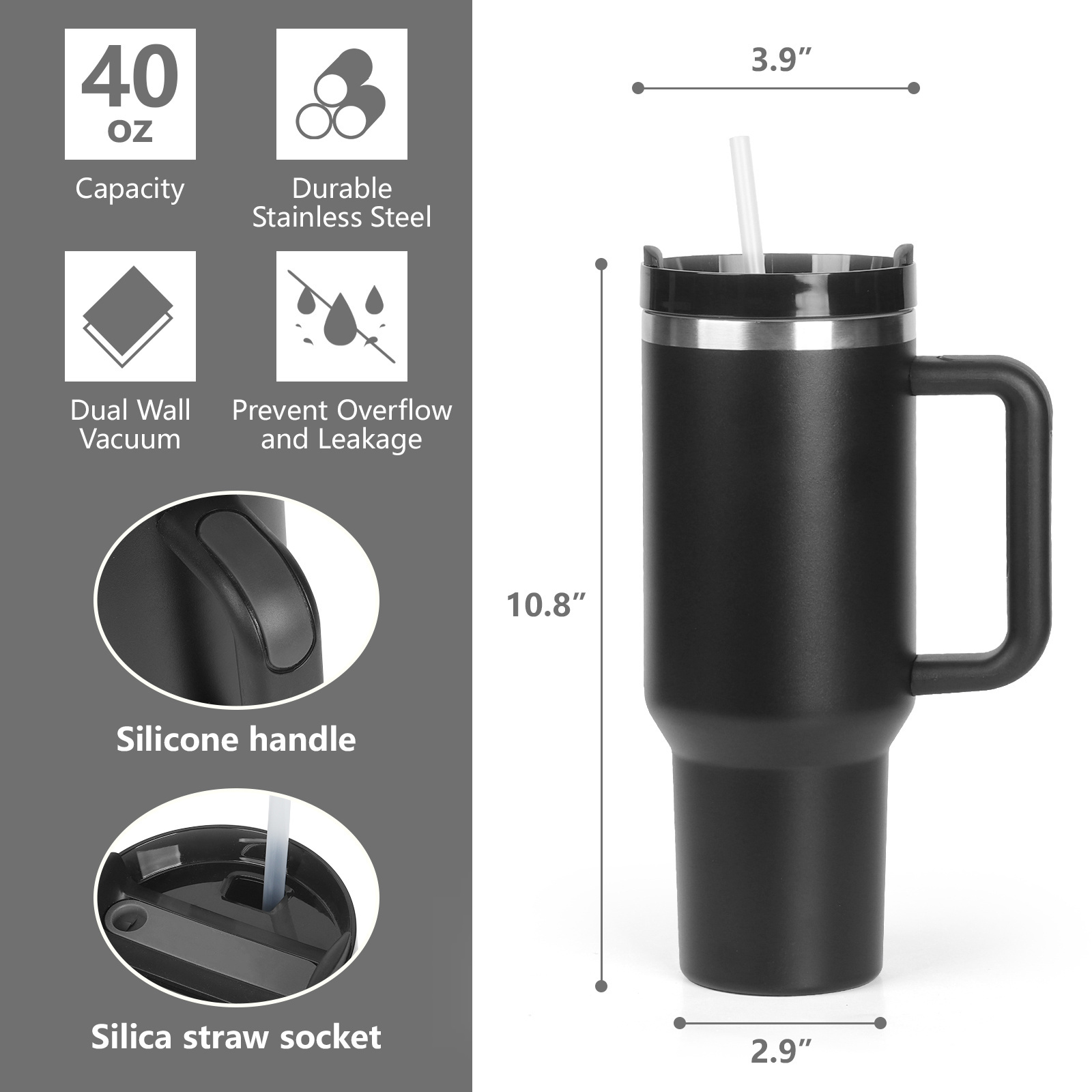 B80-0056 Customizable 40oz Insulated Stainless Steel Travel Mug Coffee Mug with Handle And Straw Quencher Tumbler