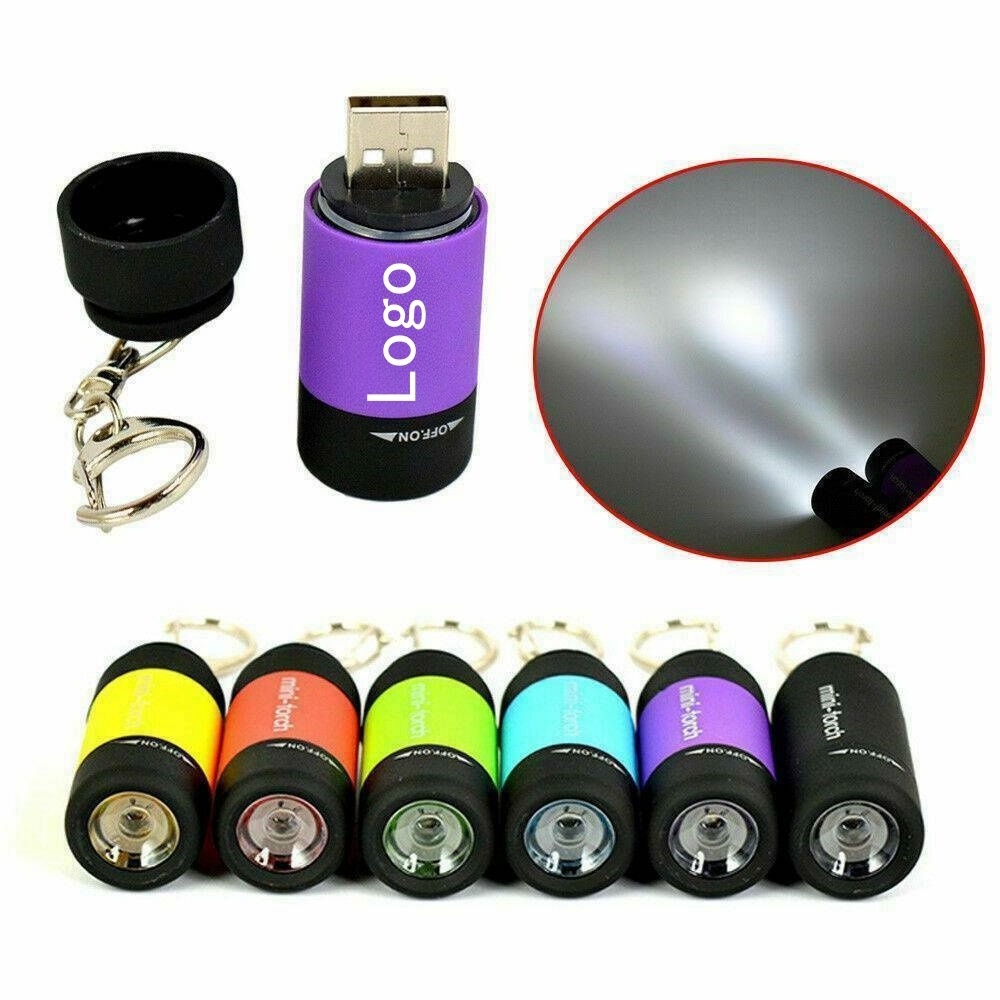 Custom Logo Promotion Gift Waterproof Mini Rechargeable LED Light USB Flashlight Lamp Torch Pocket Keychain