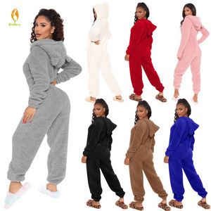 Hooded One Piece Romper Teddy Sleepwear Pjs Plush Shaggy Warm Velour Pajamas Velvet Jumpsuit Lounge Wear for Women