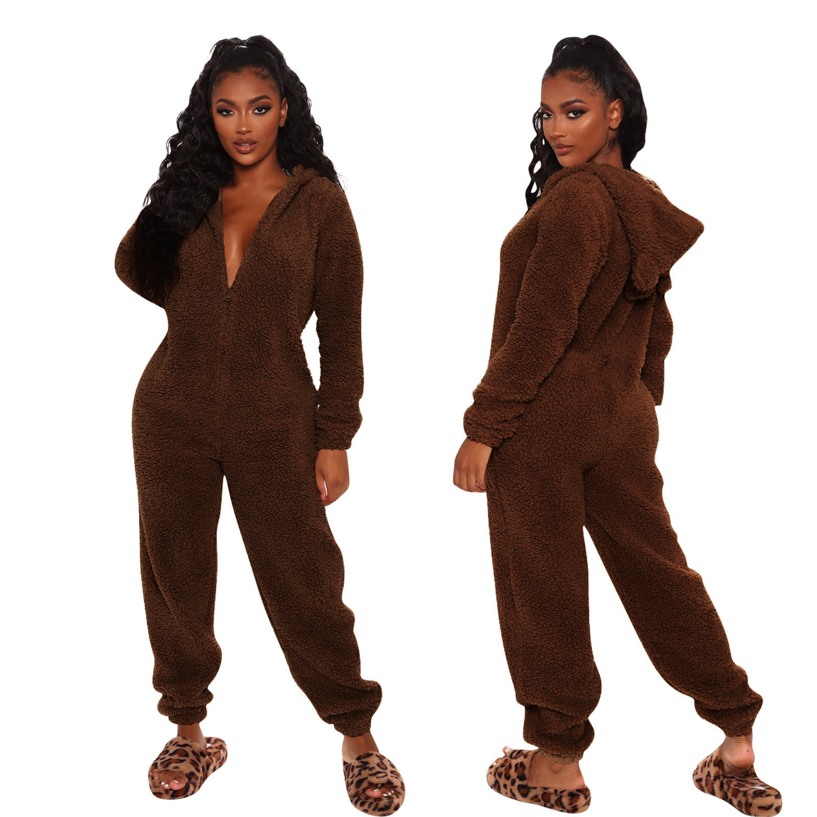 Hooded One Piece Romper Teddy Sleepwear Pjs Plush Shaggy Warm Velour Pajamas Velvet Jumpsuit Lounge Wear for Women