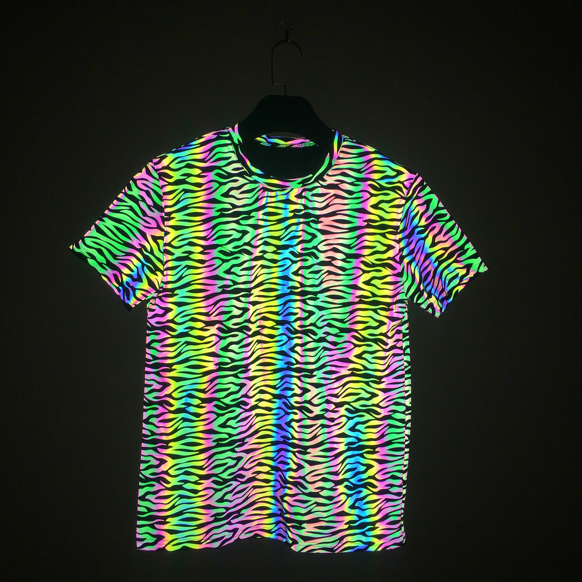 Unisex Hi Vis Shirt Zebra Pattern T shirt Print Loose Light Rainbow Safety Reflective Short Sleeve Shirts T-shirt For Men Women