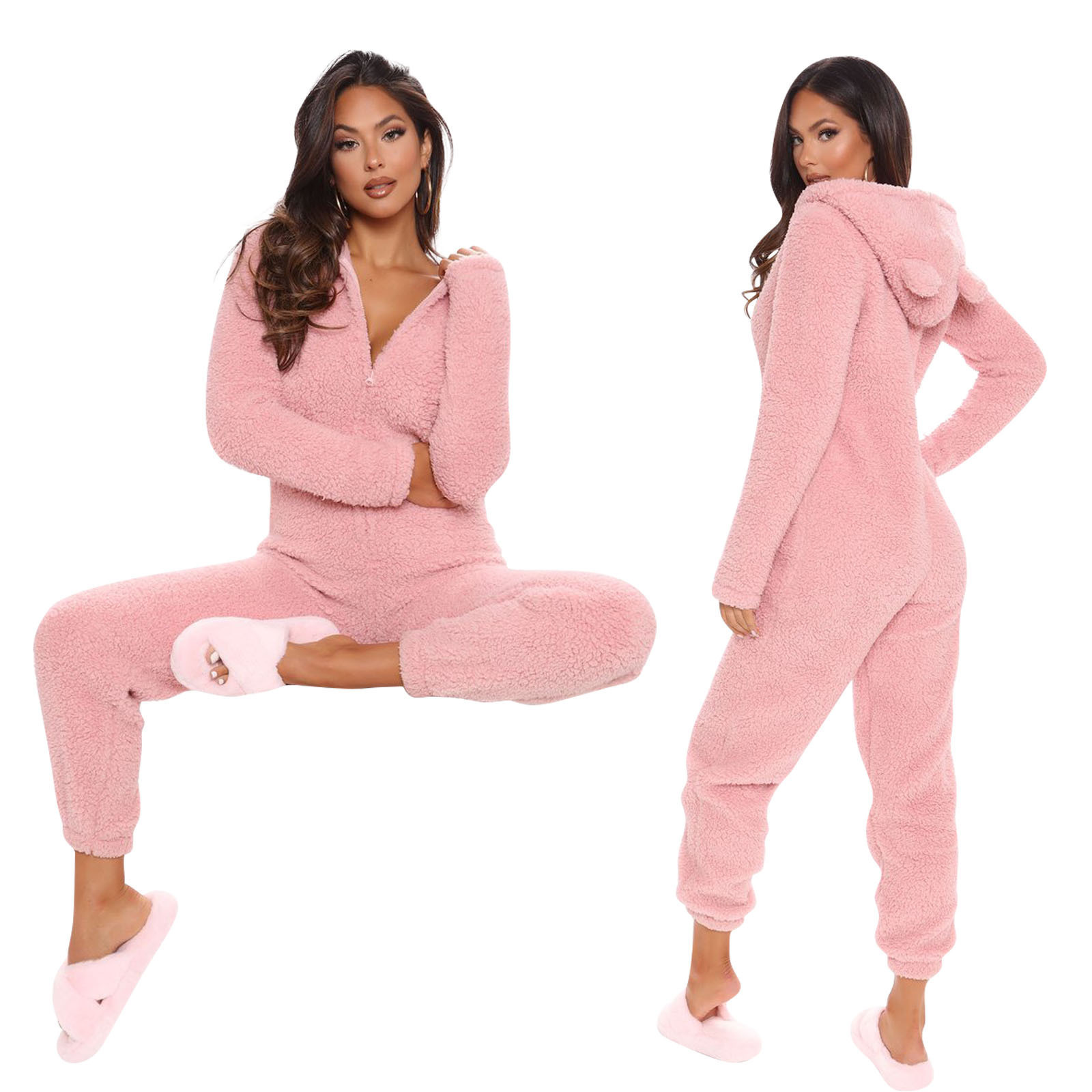 Hooded One Piece Romper Teddy Sleepwear Pjs Plush Shaggy Warm Velour Pajamas Velvet Jumpsuit Lounge Wear for Women