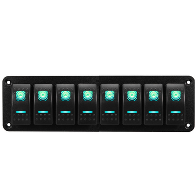 Green  8 Gang Rocker Switch Panel Waterproof, 12V/24V Toggle Premium ON-Off Car Boat Switch Panel Red LED