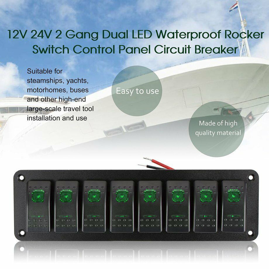 Green  8 Gang Rocker Switch Panel Waterproof, 12V/24V Toggle Premium ON-Off Car Boat Switch Panel Red LED