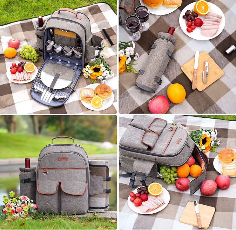 Picnic Backpack Set for 4 Person with Cooler Compartment Insulated Bottle/Wine Holder Fleece Blanket and Cutlery Picnic Bag