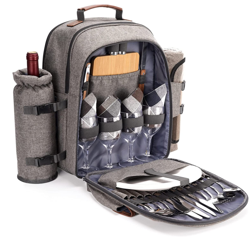 Picnic Backpack Set for 4 Person with Cooler Compartment Insulated Bottle/Wine Holder Fleece Blanket and Cutlery Picnic Bag