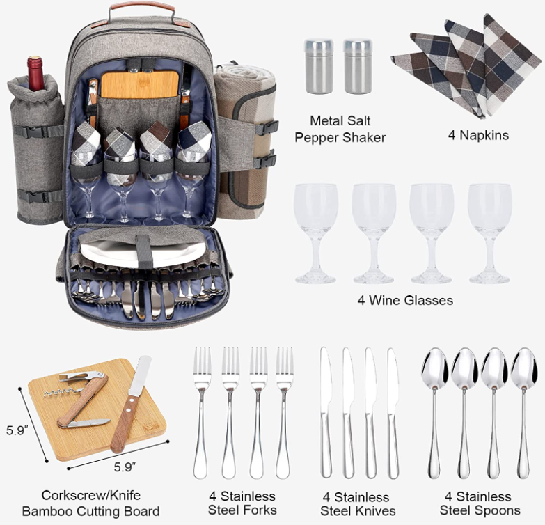 Picnic Backpack Set for 4 Person with Cooler Compartment Insulated Bottle/Wine Holder Fleece Blanket and Cutlery Picnic Bag