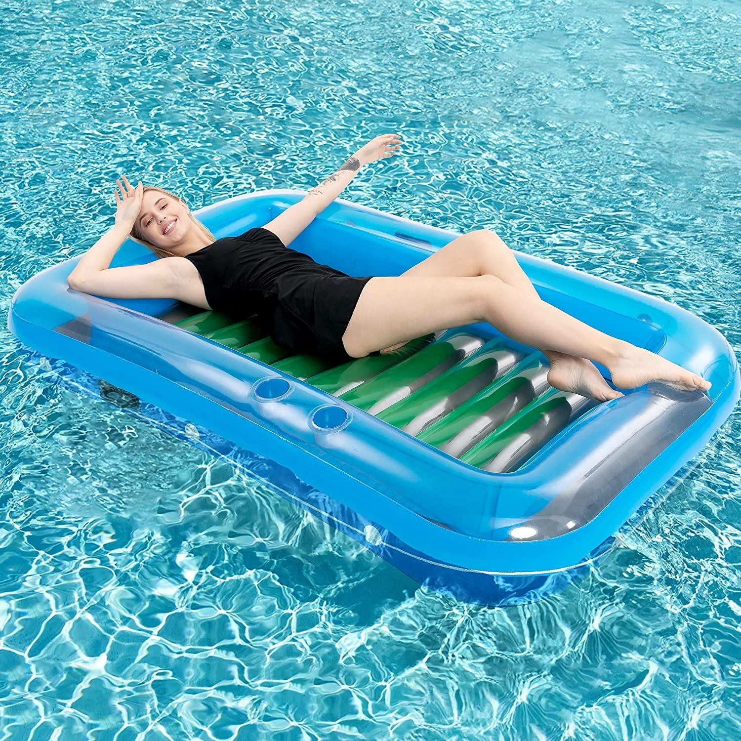 PVC inflatable tanning pool suntan tub durable plastic inflatable water swimming bed mattress float with pillow