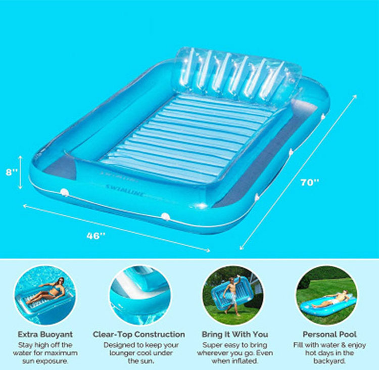 PVC inflatable tanning pool suntan tub durable plastic inflatable water swimming bed mattress float with pillow