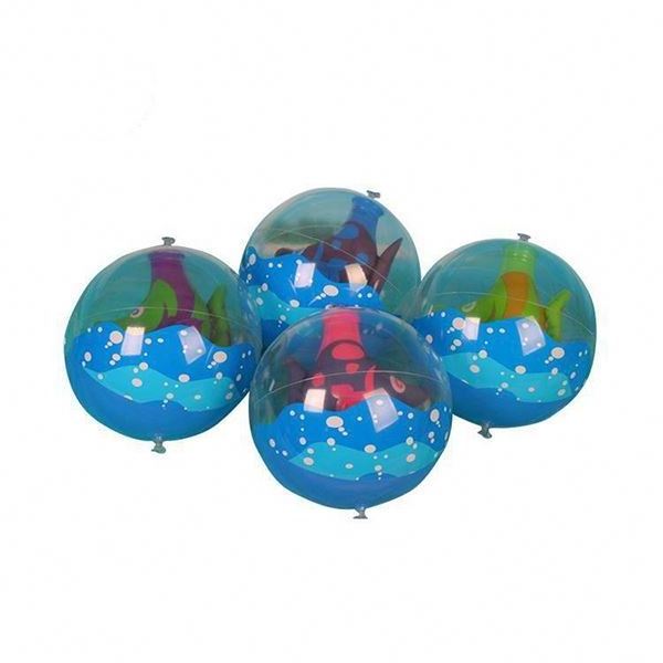 Inflatable transparent beach ball with toy fish inside