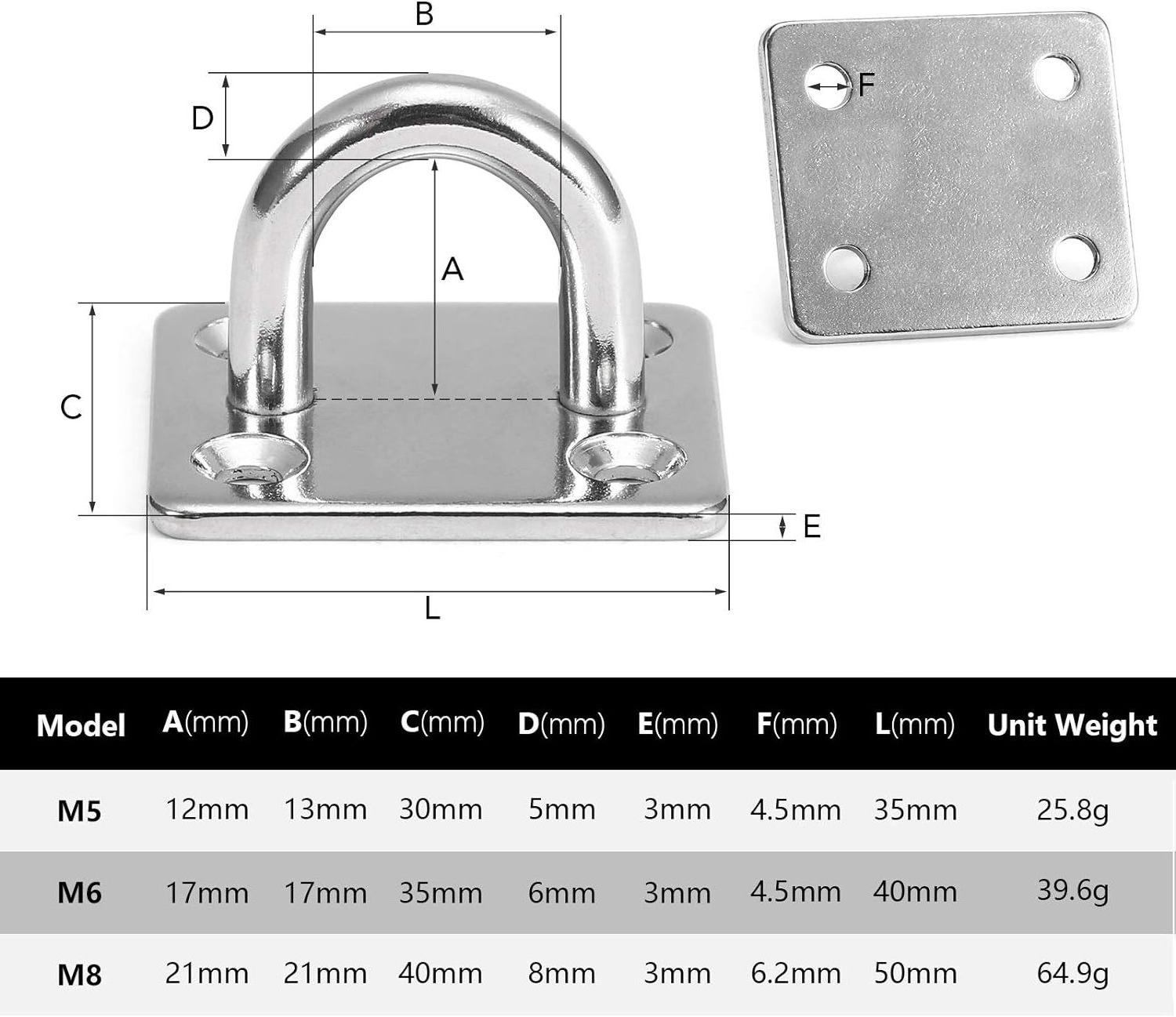 M5/M6/M8 Heavy Duty Pad Eye Plate, Oblong Eye Pad Plate, Staple Ring Hook LoopU-Shaped  Sail Shade Marine Hardware, Wall Ceiling