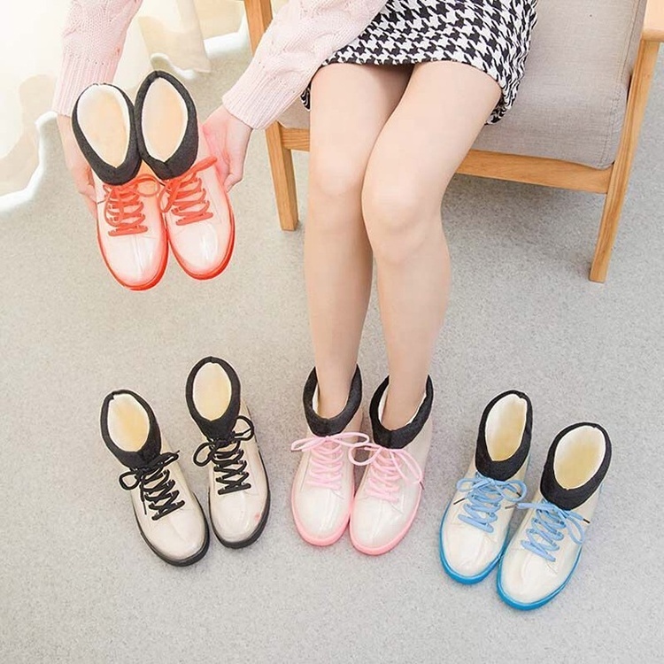 Custom transparent lace up girl rain boots small size fashion women rain shoes jelly ankle clear boots warm snow boots